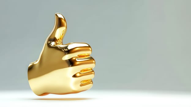 Golden hand giving a thumbs up symbolizes positivity and success on a white background