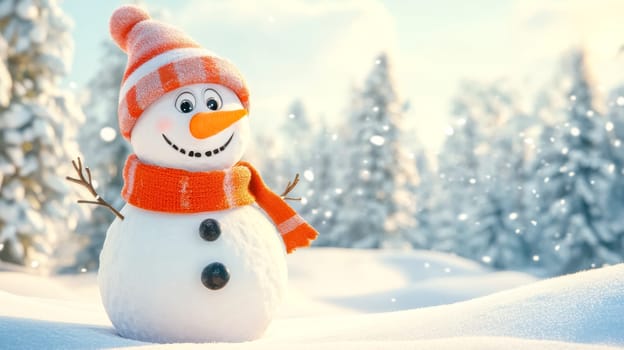 Cheerful snowman in a snowy forest, wearing a cozy hat and scarf, with sunlight shining through trees, creating a magical winter scene