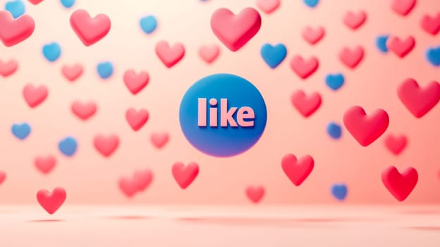 3d rendering of a blue like button surrounded by floating pink and blue hearts on a pink background. This playful image is perfect for representing social media engagement