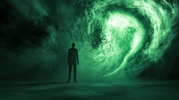 Businessman is standing in a dark and hazy environment, facing a swirling vortex of green energy emanating from an unknown source