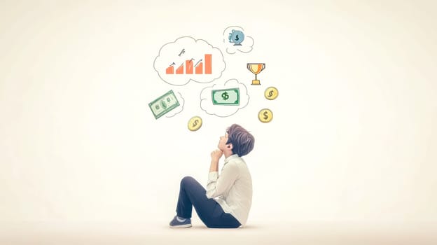 Young businessman is sitting on the floor and thinking about his future business, he is dreaming about money and success