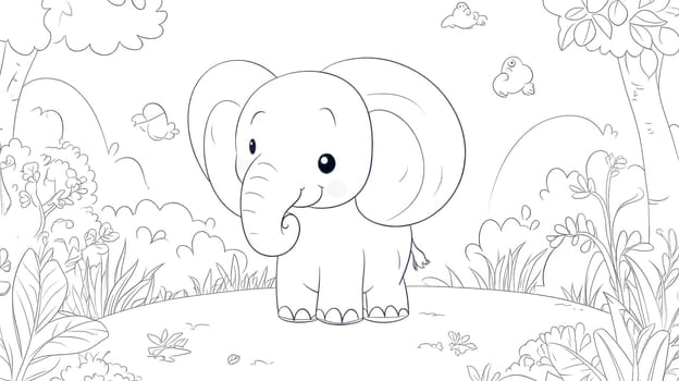 Charming line art of a baby elephant in a lush jungle, perfect for kids to color and learn about wildlife
