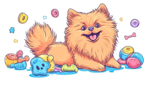 Cute cartoon pomeranian dog is lying down with its tongue out, surrounded by colorful toys and treats, looking happy and playful