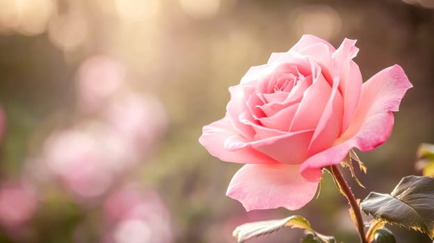 Pink rose blooming in a garden, bathed in soft golden light, creating a romantic atmosphere. Delicate petals glowing in sunlight, with lush green leaves as backdrop
