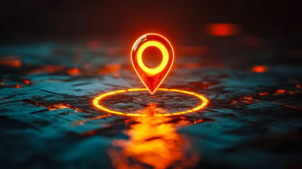 Glowing location pin hovers over a futuristic circuit board, suggesting advanced geolocation tech in a digital world. Dark background, orange lights add mystery