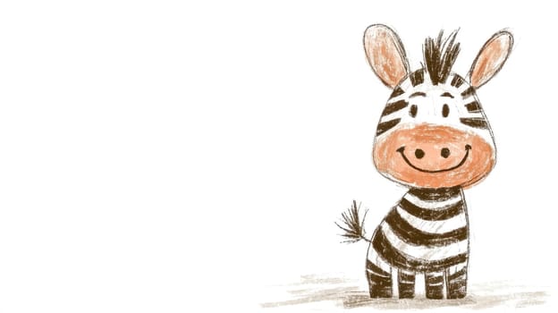 Cute, cartoon zebra is smiling and standing on a white background. This illustration is perfect for children's books, greeting cards, and other projects