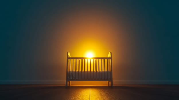 Lonely baby cradle in a dimly lit room, bathed in yellow light, casting intriguing shadows. Evoking solitude, hope, and childhood
