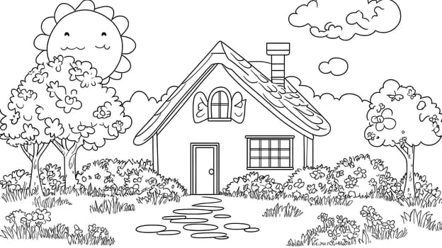 This coloring page features a charming cartoon style house nestled amidst a picturesque landscape, inviting children to unleash their creativity and add vibrant colors to the scene