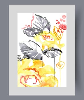 Flower meadow with organic flowering plants with bright yellow petals that provide freshness and fragrance. Watercolor painting with floral landscape and summer herbs grown in botanical garden