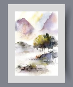 Ecological landscape with mountains and sunset over two trees with fluffy crown growing on shore of lake. Watercolor painting with ecological landscape for bedroom or living room interior design