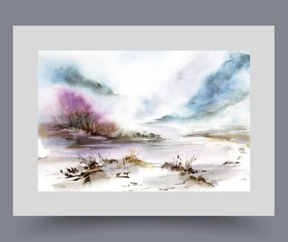Fog over swampy area at foot of high mountains, in cold winter time, on watercolor poster. Gloomy weather over wild pond in swampy region difficult for tourists to access in national natural park