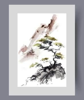 Oriental landscape with lonely bonsai tree growing on top of mountain on watercolor poster. Asian nature and landscape with mountainous terrain in summer weather, for travel brochure design