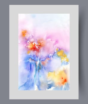 Abstract flowers lawn with flowering plants and bright organic herbs emerging in spring. Watercolor illustration with flowers for magazine about flora or botanicals and floriculture. Wall art, print