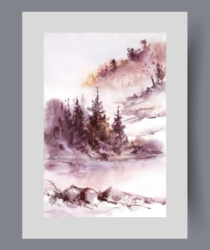 Winter northern nature with coniferous trees growing on mountain slopes, in cloudy weather with fog. Snowdrifts on mountains on cold December morning, near firs decorating winter landscape