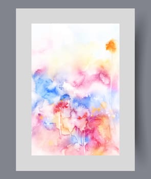 Picturesque summer meadow with flowers in sunny park spreading bright pollen after wind blows. Abstract vertical card with watercolour flowers and blooming herbs in wild field untouched by man