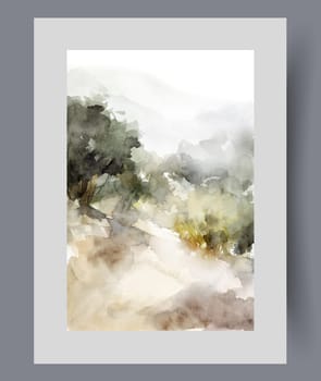 Plateau with trees growing on hill in autumn weather with cloudy gray sky on eve of rain. Watercolor natural landscape with plateau in national park with wild plants and rare bushes. Wall art, print