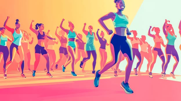Group of strong women joyfully running a marathon together in sportswear, celebrating health and fitness