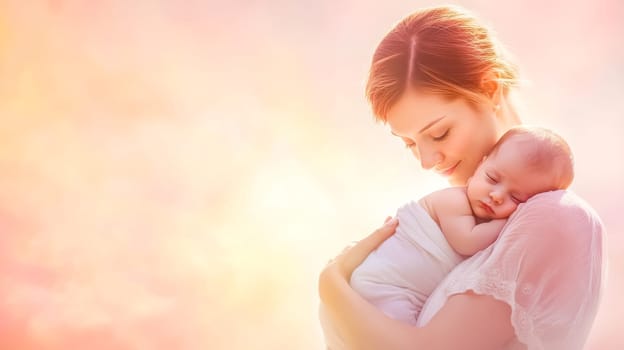 Mother is holding her sleeping newborn baby close as they are bathed in warm sunset light. The concept of the image is the love and tenderness between a mother and her child