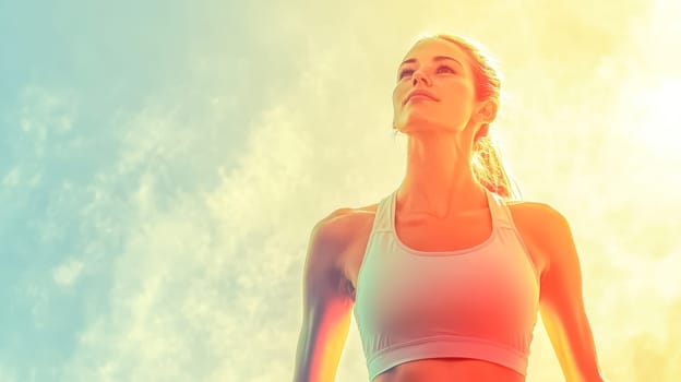 Young sportswoman is basking in the warm glow of the sun, her face turned upwards towards the sky, embracing the feeling of freedom and vitality