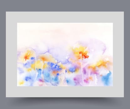 Bright flowers grow in botanical garden in hot summer weather, on background of blue sky. Abstract watercolor organic environment poster with wild flowers symbolizing biodiversity and. Artwork, print