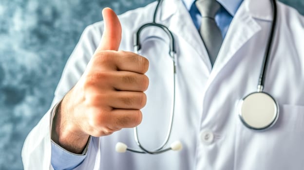 Confident doctor in white coat gives thumbs up in hospital, symbolizing approval and trust in medical field with positive body language and smile