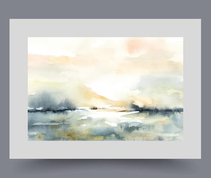 Summer nature with sunset over river or lake with mountains on coast, on watercolor artwork. Picturesque morning landscape with bright sun rising over sea coast of southern resort. Wall art, print