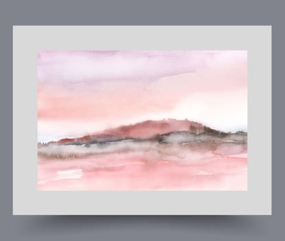 Picturesque landscape with low hill and bright sky during morning sunrise in watercolor painting. Minimalist landscape with beautiful nature for lovers of traveling through regions untouched by man.