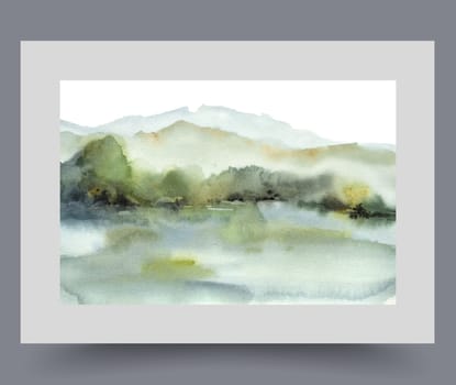 River landscape with beautiful deserted nature, with trees growing on banks in ecologically clean area. Artwork with landscape with barks on horizon and dense forest reflected in lake. Print, wall art