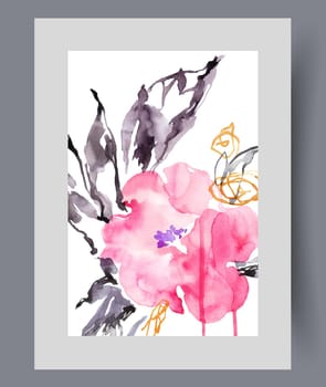 Spring flower with large and pink petals grows in meadow under open sunny sky, in watercolor style. Abstract blooming flower for design of online store and florist website or botanical magazine
