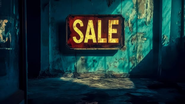 Illuminated sale sign is hanging on a weathered wall of an abandoned retail store, creating a retro and nostalgic atmosphere