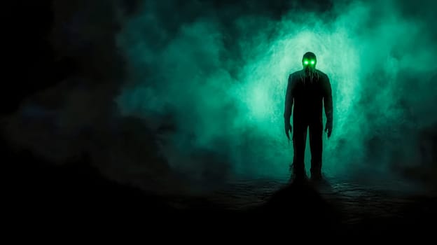 Spooky figure with glowing eyes in a mysterious landscape, surrounded by smoke and fog on a dark night, creating a creepy atmosphere perfect for halloween