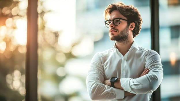 Young businessman is standing near the window with his arms crossed, looking into the distance. He is wearing a white shirt, wristwatch and glasses
