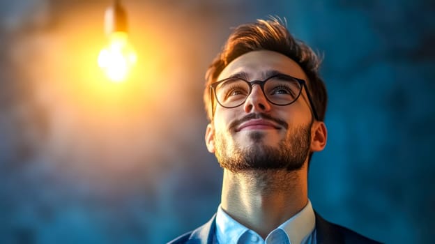 Young businessman in a blue suit is looking up with a lit lightbulb above his head, symbolizing a new idea or solution