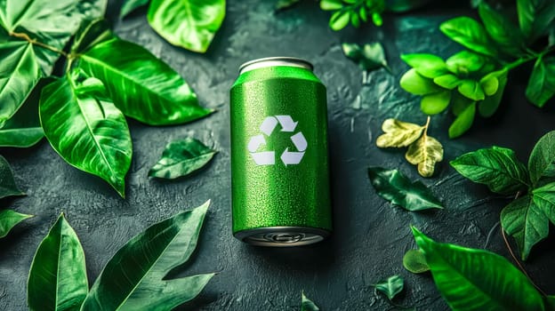 Promoting environmental awareness with a green aluminum can featuring the recycle symbol, nestled among lush green leaves on a dark background