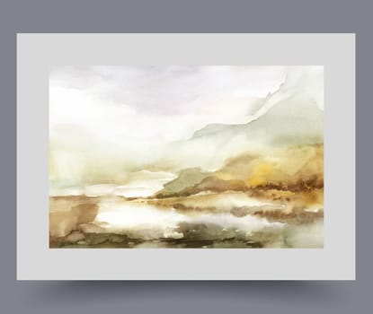 Autumn landscape with marshy areas at foot mountains or high hills, in cloudy weather. Watercolor artwork with autumn nature with picturesque lake with coastline overgrown with wild bushes and trees