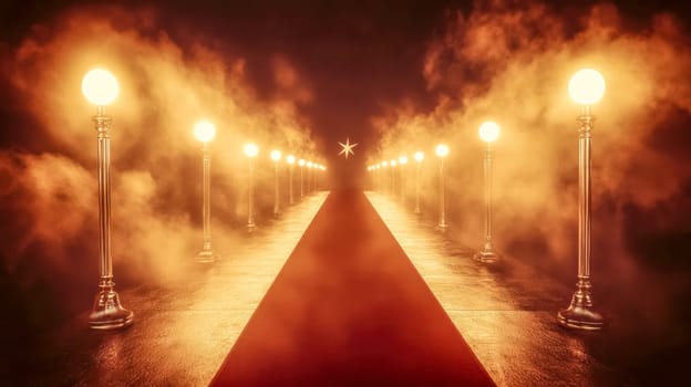 Red carpet disappears into fog, lit by street lights and a star, creating a luxurious and successful vibe with an elegant ambiance