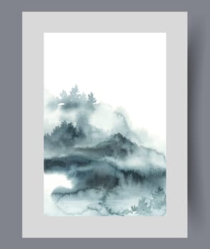 Relief nature with coniferous forest growing on hills in winter weather with clear white sky without sun. Nature Scandinavian region with cold or cloudy climate due to lack of sunlight. Decor, print