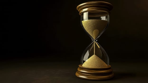 Elegant hourglass with sand trickling down, evoking time slipping away. Classic design with wooden frame and dark background exudes history