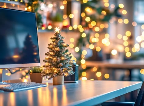 Festive christmas tree brightens a modern office. With twinkling lights creating a cozy atmosphere. The decorations bring joy and cheer to the workspace. Perfect for celebrating the holiday season