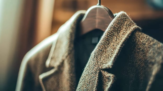 Tweed jacket with visible texture is hanging on a wooden hanger, suggesting high quality menswear in a retail setting