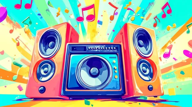 Colorful illustration of a sound system playing loud music with musical notes exploding from it on a colorful background