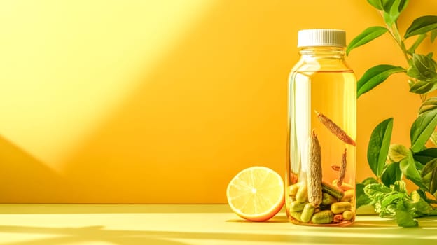 Glass bottle full of pills, herbs, and liquid is standing on a yellow table, illuminated by bright sunlight with a lemon and green plant next to it