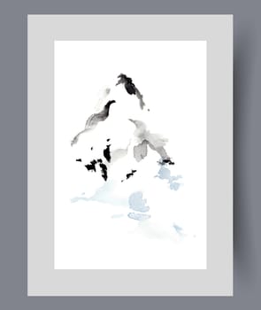 Landscape with lonely winter mountain with snow-covered slopes for wall design in minimalist style. Watercolor poster with mountain or rock from alpine region, for lovers of adventure and climbing