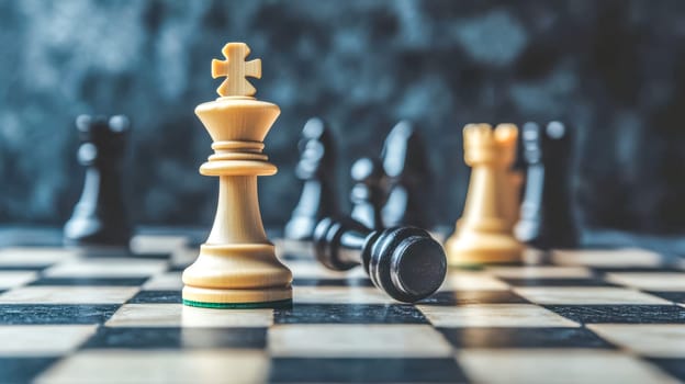 Strategic victory in chess, with the white king standing and the black king lying down on the board, capturing competition and outmaneuvering