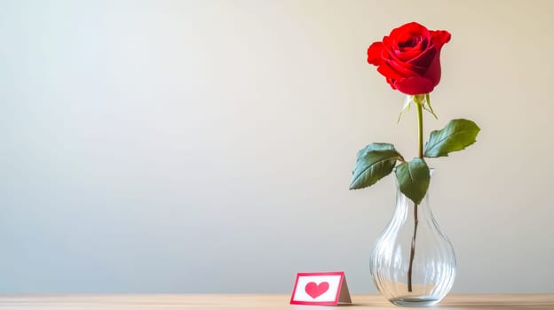 Single red rose standing in a glass vase on a table with a greeting card leaning on it. The perfect image for valentine's day, anniversaries or romantic occasions