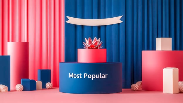 Blue podium displaying the words most popular is showcasing a product on a pink stage with a blue curtain backdrop. This colorful stage draws attention to the popularity of the product