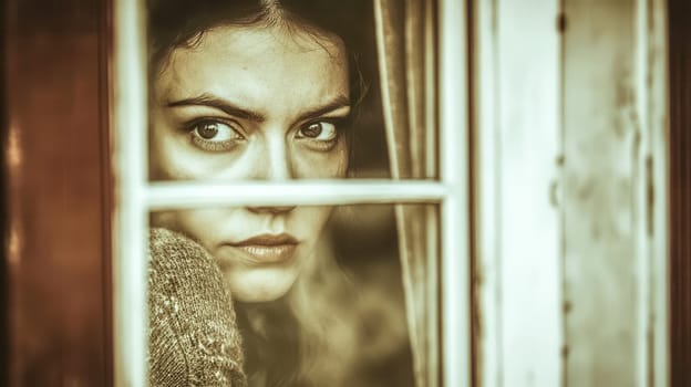 Young woman is peering through a window with a worried expression on her face. The vintage tone of the image adds to the feeling of uncertainty and concern