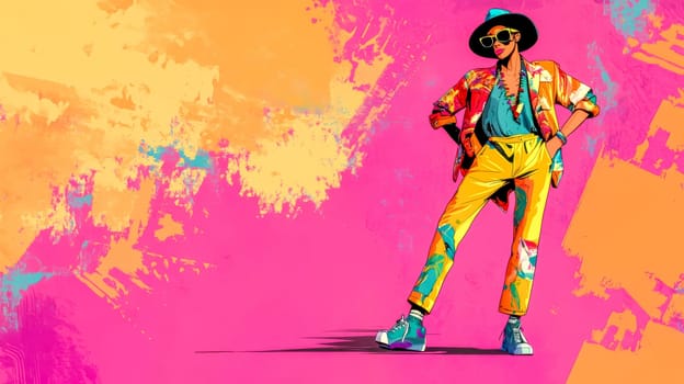 Fashionable woman is striking a pose with her hands on her hips, showcasing her unique style against a vibrant and artistic backdrop
