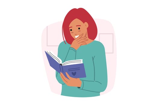 Bookworm woman is passionate about reading book with poetic love story or adventure saga about travelers. Bookworm girl studies scientific literature in free time from work to improve skills.