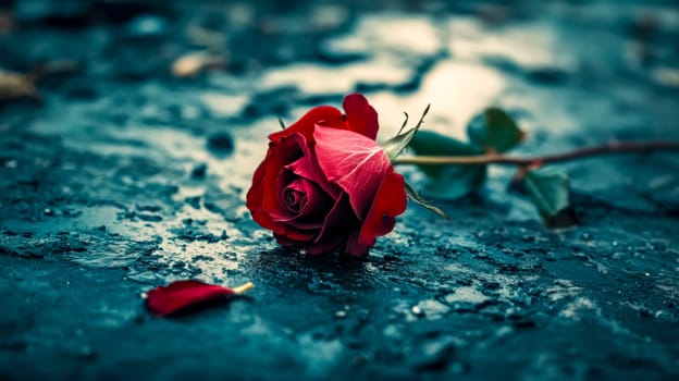 Red rose on wet asphalt symbolizes love and loss, with raindrops adding emotion in a dark setting